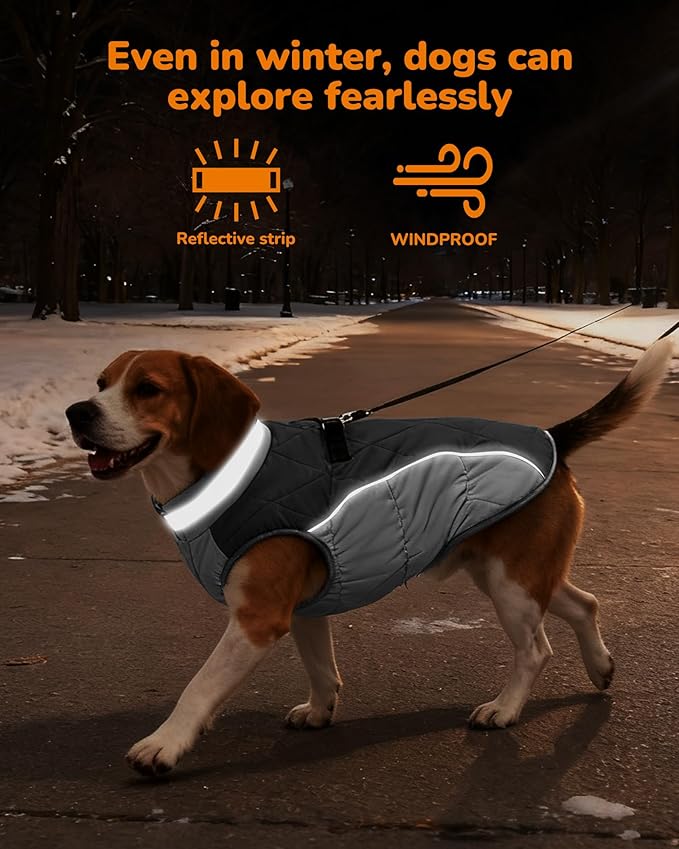 Dog Winter Coat for Large Dogs, Adjustable Puppy Warm Jackets in Cold Weather, Reflective Pet Fleece Vest with External Attachment Points, Zippered Cold-Weather Dog Winter Clothes, L Black