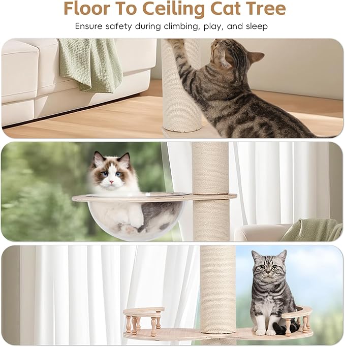 FANKNS Floor to Ceiling Cat Tree Height (110-118 inches), 5-Tier Adjustable, Three-Bolt Stabilized Cat Tower with 6 Thickened Scratching Posts, Cat Activity Center Includes Transparent Capsule House