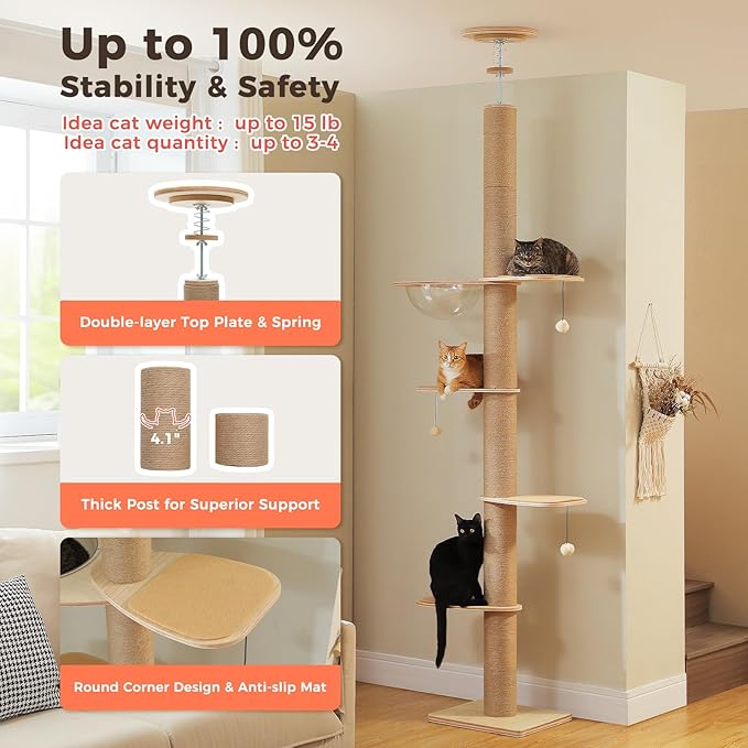 Floor to Ceiling Cat Tree for Indoor Cats, 5-Tier Adjustable Height (79-103 Inch) Sturdy Wooden Tall Cat Climbing Tower with 4.1" Thick Scratching Posts, Acrylic Cave, Non-Slip Pads & 3 Pompoms