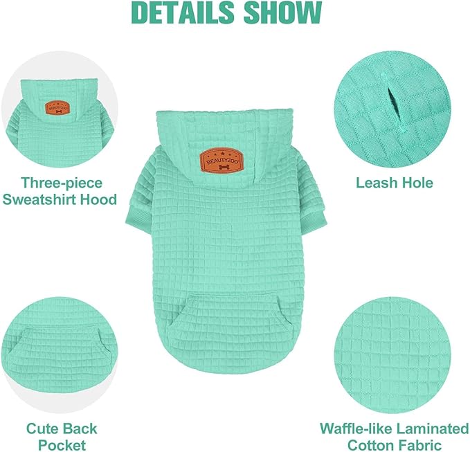 BEAUTYZOO Small Dog Hoodie Sweater with Pockets, Dog Clothes for Small Medium Dogs Boy Girl, Waffle-Like Laminated Cotton Pet Coats with Hat and Leash Hole, Mint Green XXS