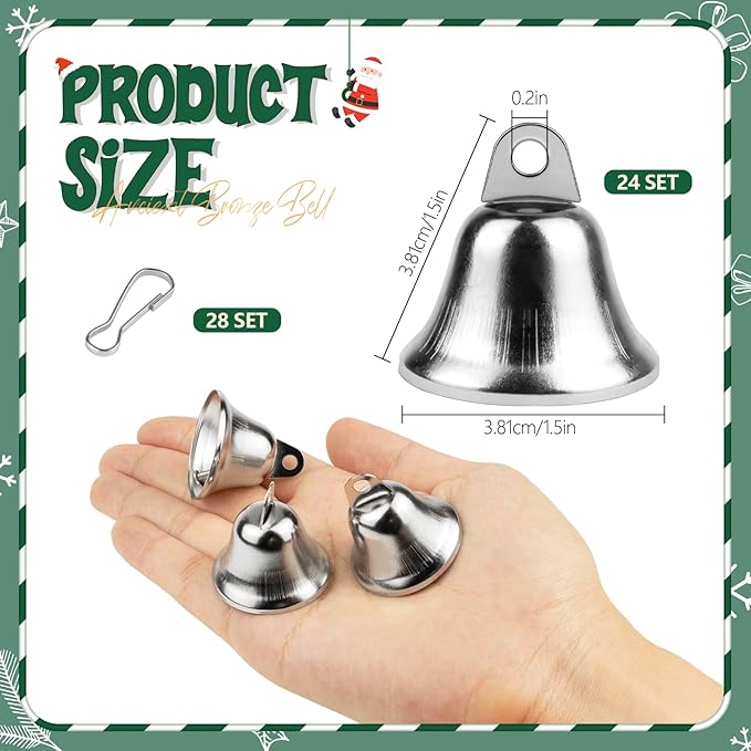 Craft Bells 24 Pcs Small Brass Bells for Crafts, Vintage Silver Hanging Jingle Bells with Spring Hooks for Wind Chimes, Dog Training Doorbell, Mission Project, Wedding, Christmas, Easter & Home Decor