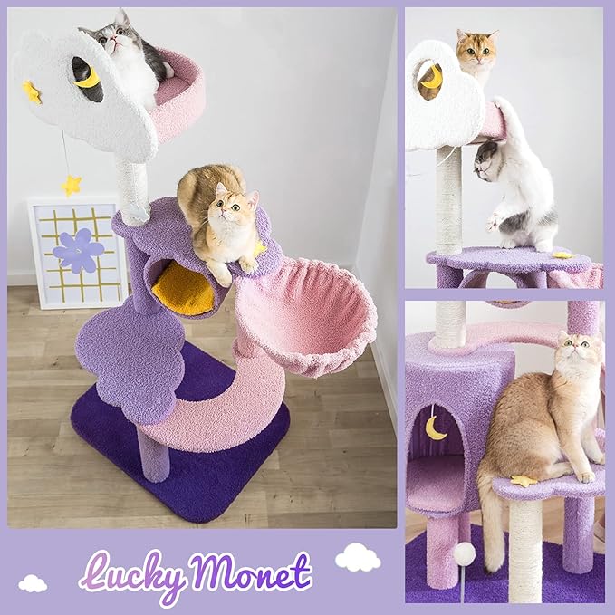 Lucky Monet 59 Inches Cat Tree for Indoor Cats, Multi-Level Cat Tower for Large Cats Cute Purple Pink Cat Tree Unique Cat Condo with Scratching Post Hammock Condo Pompom Ball Toy