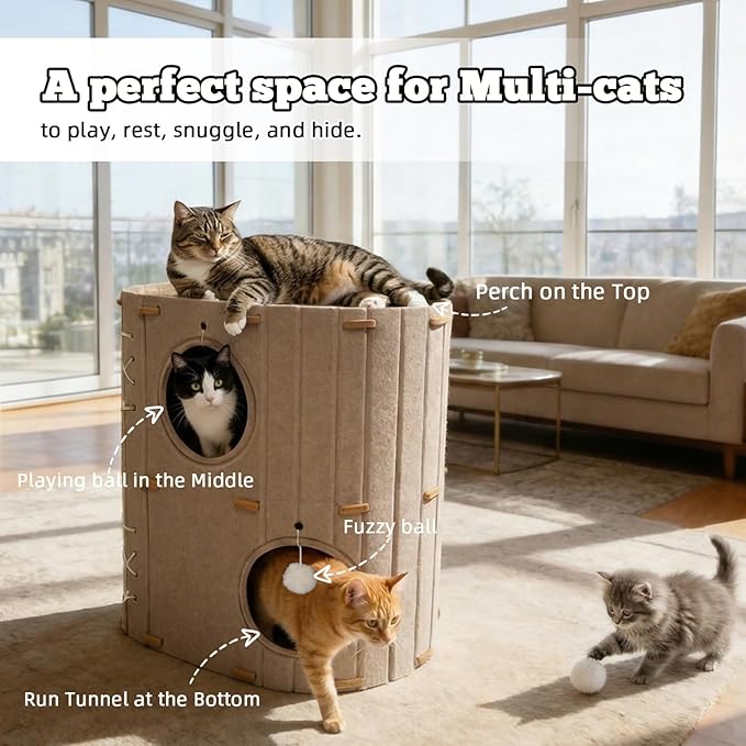 Cat House for Indoor Cats - 2 Storey Foldable Cat Bed Cave with Scratch-Resistant Felt Cats Tunnel Bed Condo & Hanging Fluffy Ball|Cozy Spacious Hideaway for Multi-Cats| Durable & Easy to Store, Cream
