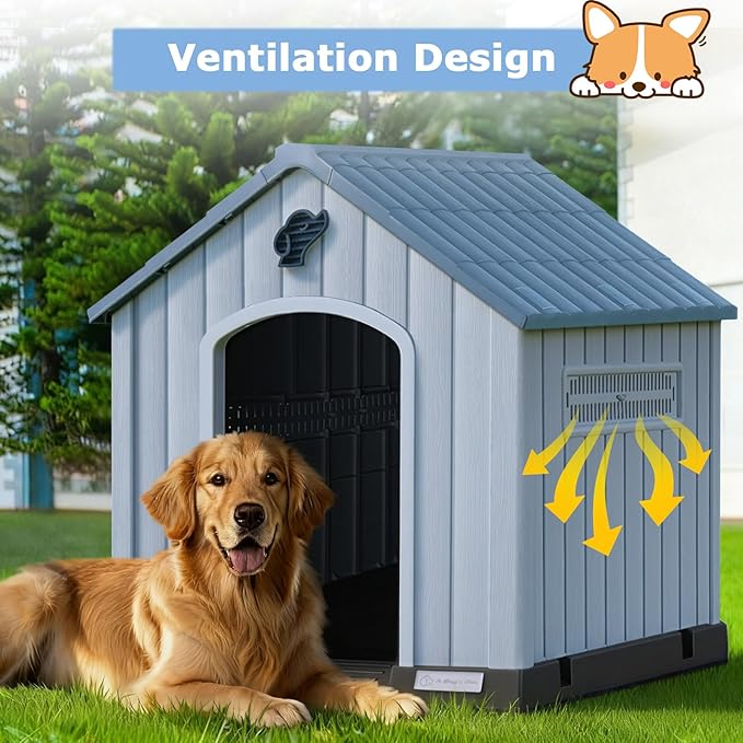 PUKAMI Large Dog House Outdoor Indoor, Plastic Dog House Weatherproof for Large Dogs, Sturdy Puppy Shelter with Air Vents and Elevated Floor, Easy Clean and Assemble (Blue, 37.2" D x 40" W x 40" H)