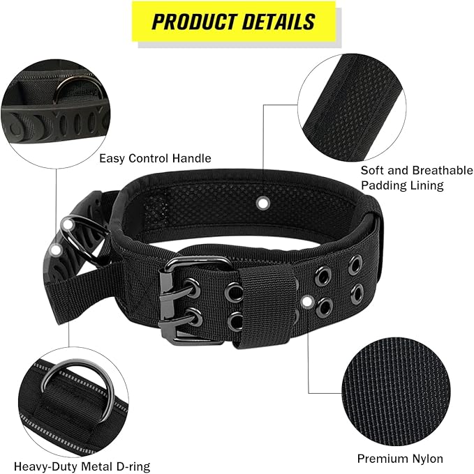 Tactical Dog Collar with Handle - Military Adjustable Dog Training Collar Soft Nylon and Heavy Duty Metal Buckle for Medium Large Dogs - with Patch (Green with Patch, Medium)