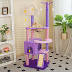 Happy and Polly 52.8 inch Moonlight Cat Tree with Celestial Moon and Star Pendants, Purple Plush Cat Tower with Hammock and Multi Level Perches