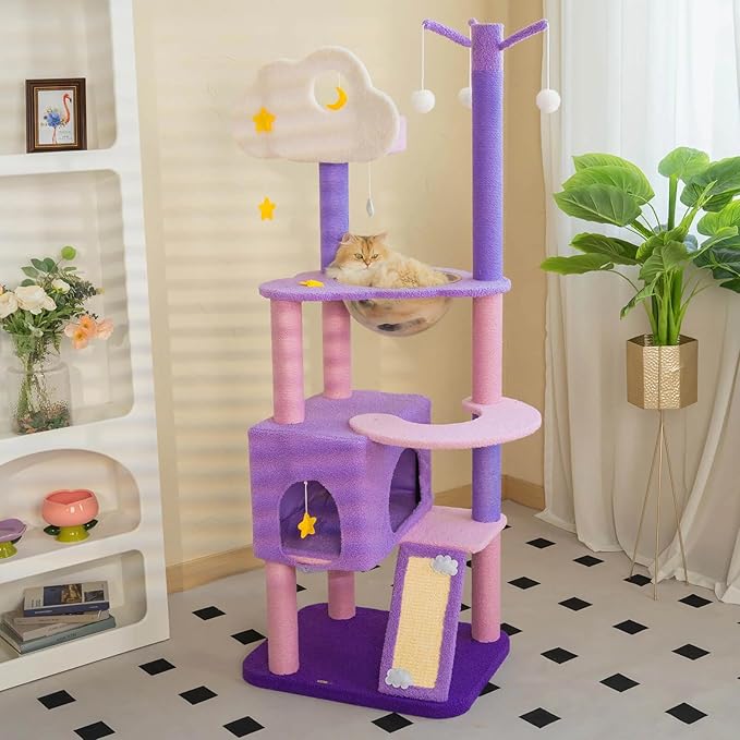 Happy and Polly 52.8 inch Moonlight Cat Tree with Celestial Moon and Star Pendants, Purple Plush Cat Tower with Hammock and Multi Level Perches