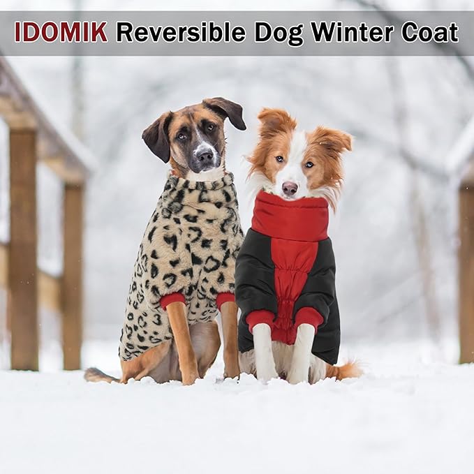 IDOMIK Reversible Dog Winter Coat, Thick Warm Dog Coat with Leopard Fleece Lining&Zipper, Adjustable High Collar Waterproof Jacket, Reflective Pet Cold Weather Coats for Medium Dogs,Red,M
