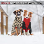 IDOMIK Reversible Dog Winter Coat, Thick Warm Dog Coat with Leopard Fleece Lining&Zipper, Adjustable High Collar Waterproof Jacket, Reflective Pet Cold Weather Coats for Medium Dogs,Red,M