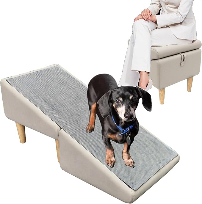 Dog Stairs Ramp Steps for Bed, 18" Wide All-in-one Split Ottoman Dog ramp for Couch,Solid Wood, Gentle 23 Incline, Foldable Pet Ramp for Large and Small Dogs