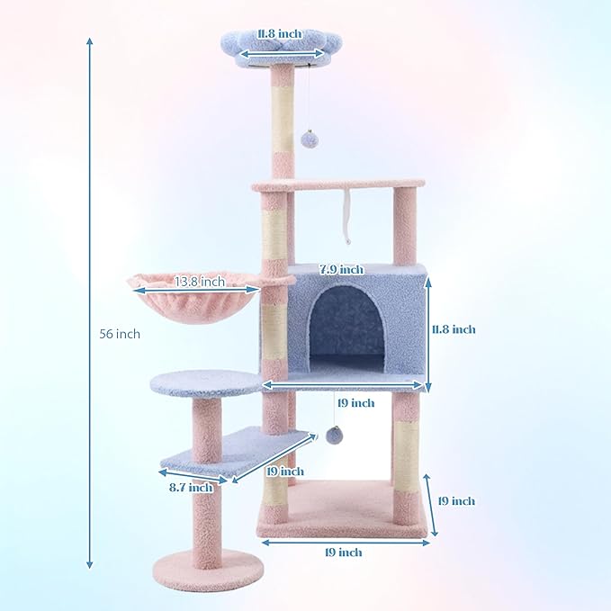 Flower Cat Tree with Large Condo, Removable Flower Cushion and Hammock, Multi-Level Cat Tower with Hanging Basket, Cat Cave, Scratching Posts,Cat Furniture for Indoor Cats, Perfect for Multiple Cats