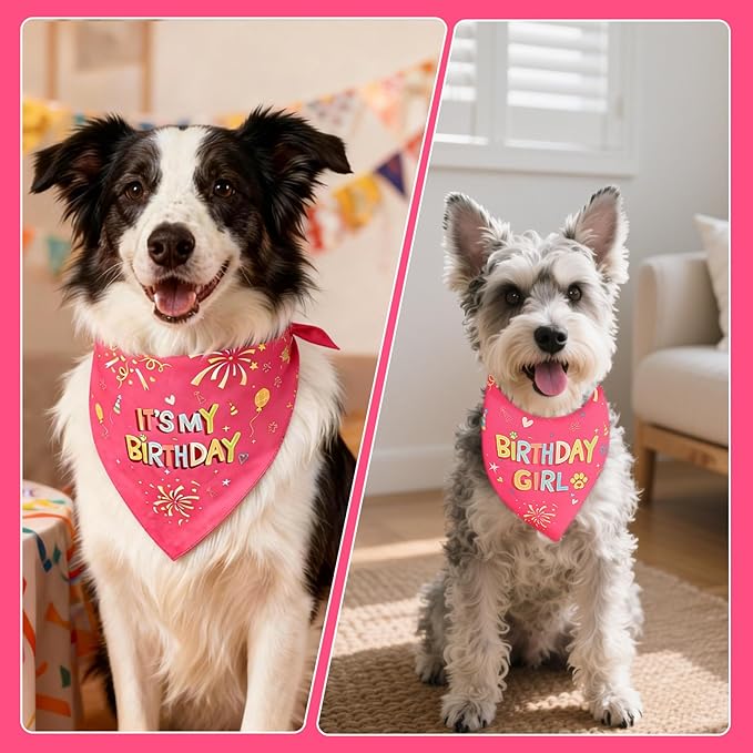 SZEE Dog Birthday Bandana, Reversible Bandanas for Dog Birthday Outfits, Pet Apparel & Accessories, Triangle Pet Scarf for Photo Prop and Holiday Decor (Large, Pink)