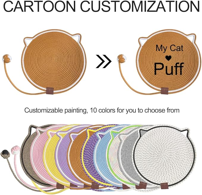 Personalized Cat Scratcher Mat, Customized with Name Text Natural Cotton Rope Round Horizontal Cat Scratching Pads with Ball Toy, Cat Furniture Protector for Wall, Couch, Carpets, Sofa (Brown)