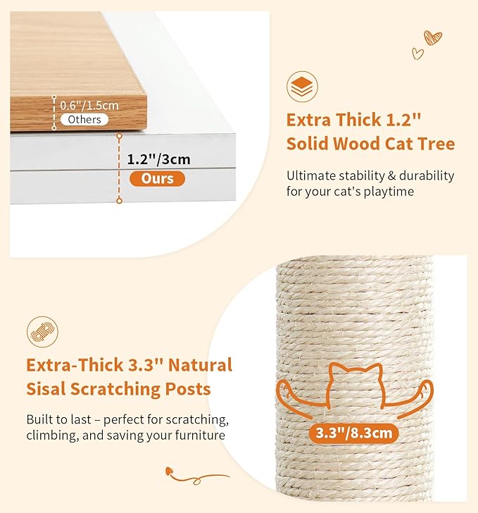 Made4Pets Cat Tree, Modern Cat Tree Tower for Indoor Cats - 65" Tall Wood Condo with Hammock, Scratching Post and Removable Pads for Small Large Cats, White
