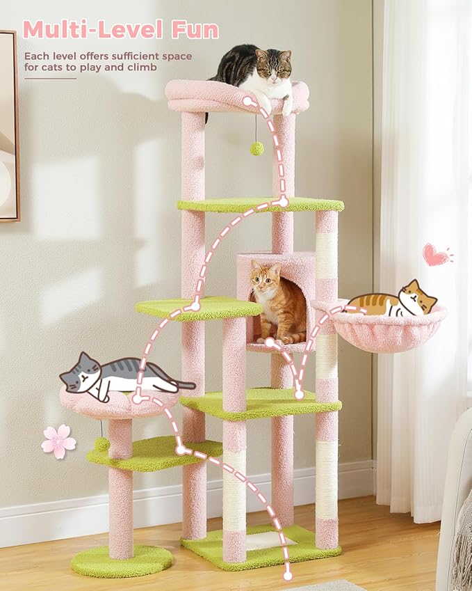 59" Flower Cat Tree for Large Cat, Multi-Level Tower, Cute Cat Tower for Indoor Cats, Cat Condo with Large Hammock, Scratching Post, and 2 Perches, Pink