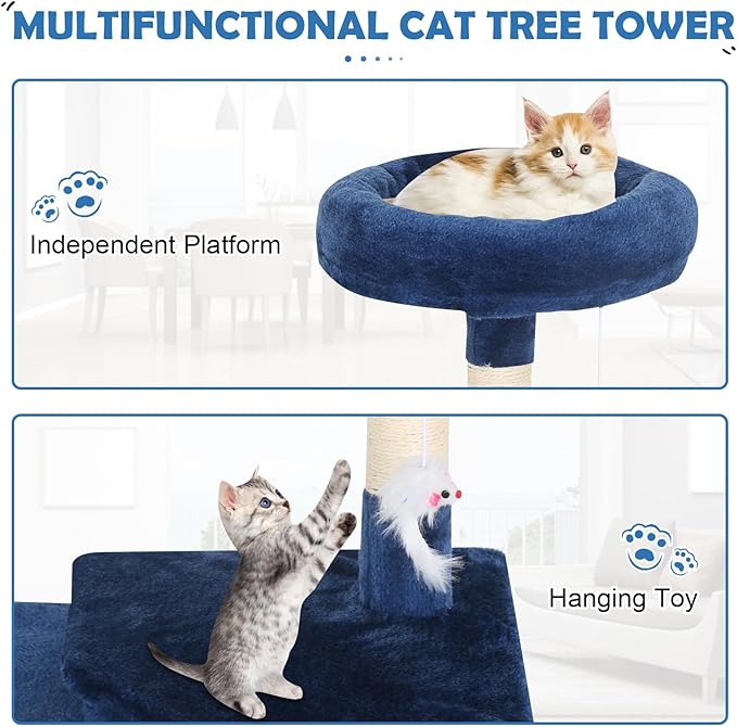 Cat Tree 36 Inch Cat Tower for Indoor Cats with Scratching Post,Padded Perch,Hanging Toys for Kittens & Adult Cats,Beige (Navy Blue)