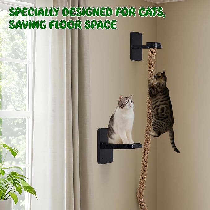 Weysat Cat Tree with 2 x 59.1 Inch Climbing Rope Wall Mounted Cat Climbing Tower Toy with Scratching Post Kitten Rope Ladder with Jumping Platform Wall Steps for Playing and Rest(Black,Classic)