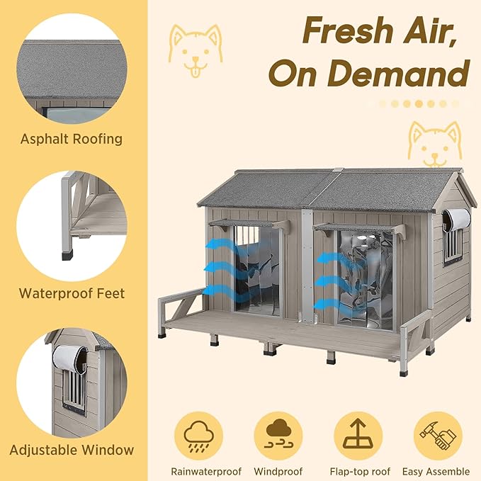 55.5" L Extra Large Dog House Outdoor, Wooden Dog Kennel for Large Breeds, Weatherproof XL Dog House with Openable Roof & 2 Doors, Cozy Indoor/Outdoor Doghouse for Large Small Dogs