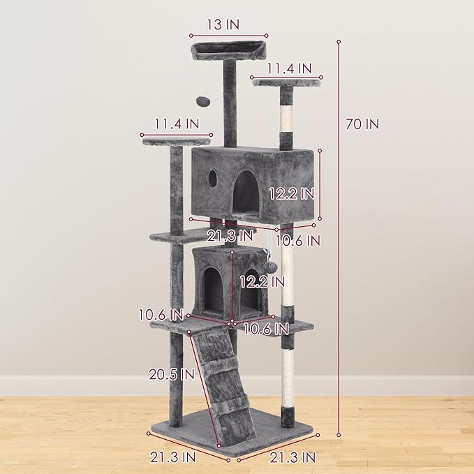 24/7 Shop at Home Court 70 inch Multi-Level Cute Cat Tree Tower with Dangling Ball and Scratching Posts for Indoor Cats Adults, Kitten Supplies, Pet House, Light Gray