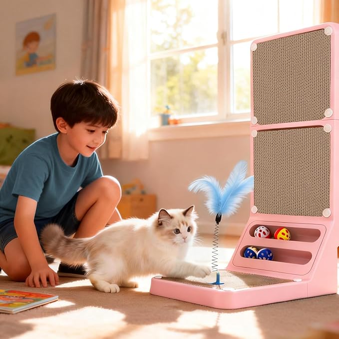 Cat Scratcher Cat Scratch Pad L Shape Wall Mounted Dual Use (Vert/Horiz) Kitten Bunifa Scratching Card Board Vertical Post with Ball Toys Feathers,Protecting Furniture Core is Replaceable Large Pink