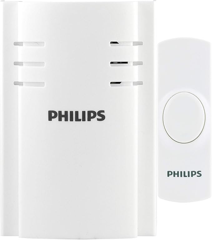 Philips Wireless Doorbell Kit, Plug-In Reciever, 1 Push Button, 8 Melodies, 4 Volume Levels, 150 Ft Range, White, DES2180W/27