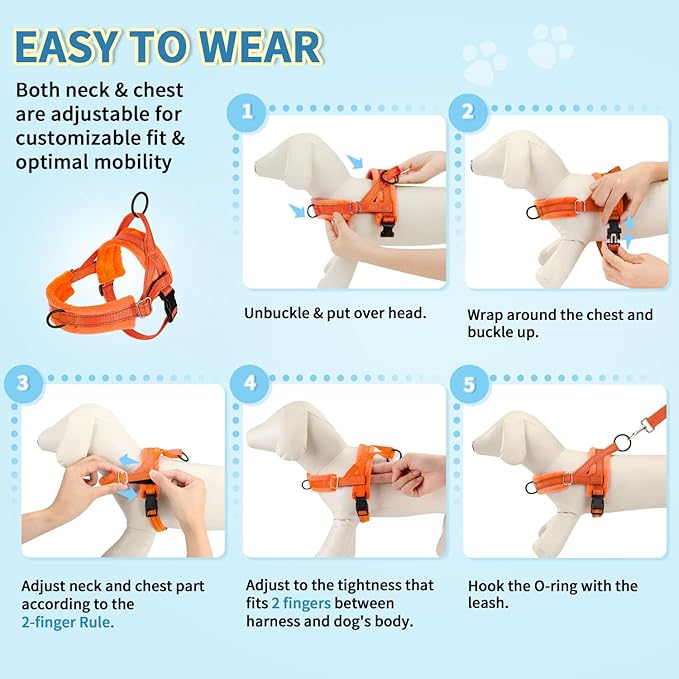 Lukovee No Pull Dog Harness and Leash Set, Soft Padded Small Dog Harness, Neck & Chest Adjustable Reflective Vest Puppy Harness with 4ft Lightweight Anti-Twist Dog Leash for Small Dogs (Orange, XXS)
