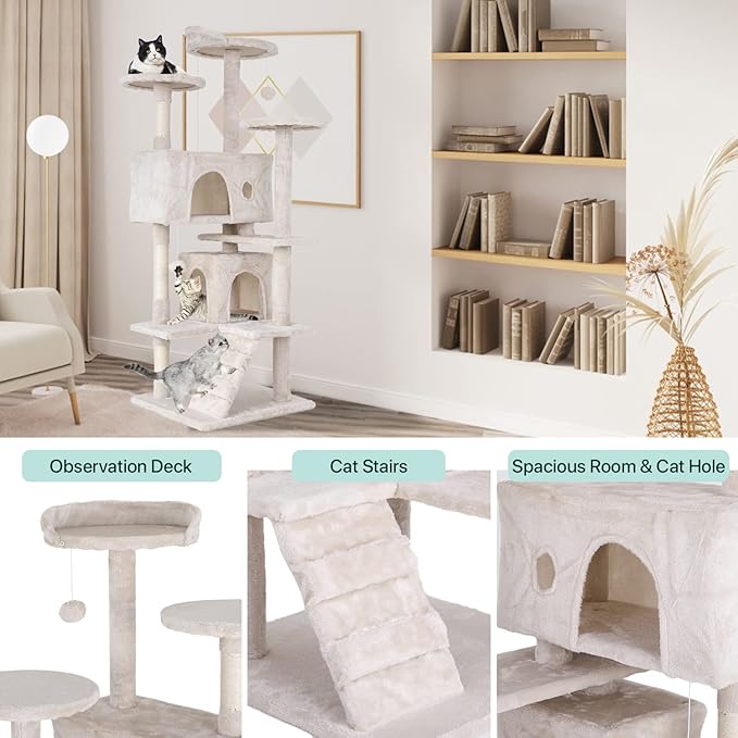 Dkeli Cat Tree for Indoor Cats Condo Tower with Scratching Post Tease Ball Perches Platform Small and Medium 54 Inch Multi-Level, Beige