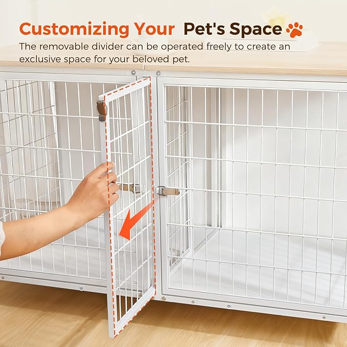 Dog Crate Furniture for 2 Dogs, 43.3" Dog Kennel with Removable Divider, Heavy Sturdy Dog Furniture Style Double Cage for Small Medium Dogs, Indoor Pet House End Table, Natural and White