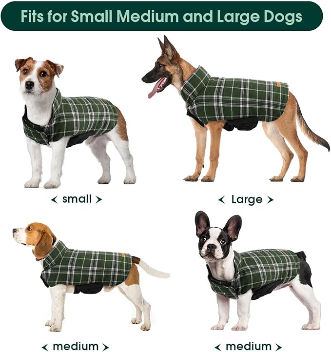 Kuoser Waterproof Dog Coat, Reversible Dog Jacket for Small Dogs, Adjustable Durable Doggie Winter Coat Warm Cozy Puppy Cold Weather Apparel from Small to Large Breed, Green S