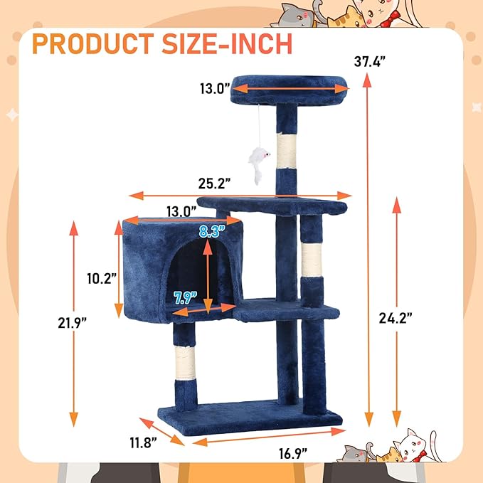 ‌Dopinmin 36" Winter Cat Tree - Plush Multi-Level Indoor Cat Tower with Sisal Scratching Posts & Ramp Plush Condo for Kittens,Navy Blue
