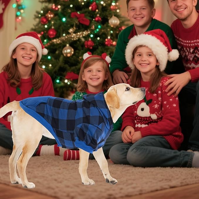 KOOLTAIL Plaid Dog Hoodie Pet Clothes Sweater with Hat and Pocket for Small Medium Large Size Dogs, Soft Winter Warm Dog Cold Weather Coat, Fleece Fall Dog Hooded Sweatshirt for Puppy Cats, Blue L