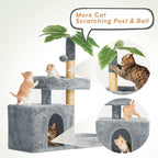 31.5" Cat Tree Tower for Indoor with Green Leaves, Cat Condo Cozy Plush House with Hang Ball and Leaf Shape Design, Cat Furniture Pet House with Scratching Posts, Grey