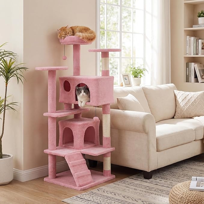 Tangkula Pink Cat Tree Tower, 52 Inch Multi-Level Cat Tower with Sisal Scratching Posts, Cushioned Top Perch, Large Dual Condos & Ladder, 2 Hanging Balls, Jumping Platforms for Indoor Cats (Pink)