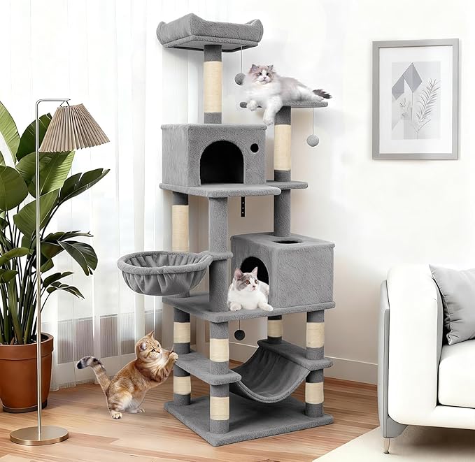 Tangkula 66 Inch Tall Cat Tree, Multi-Level Cat Tower with Sisal Scratching Posts, 2 Condos, Plush Perch, Hammock, Basket, Dangling Toys, Cat Climbing Furniture for Indoor Cats (Light Gray)