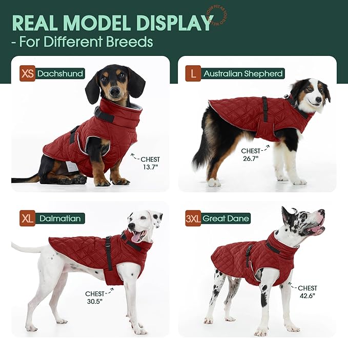 Kuoser Dog Coat Warm Fleece Lining Turtleneck Dog Jacket with Harness Built-in, Adjustable Windproof Cold Weather Coats with Quick Release Buckle Pet Winter Snowsuit for Large Dogs, Red XL