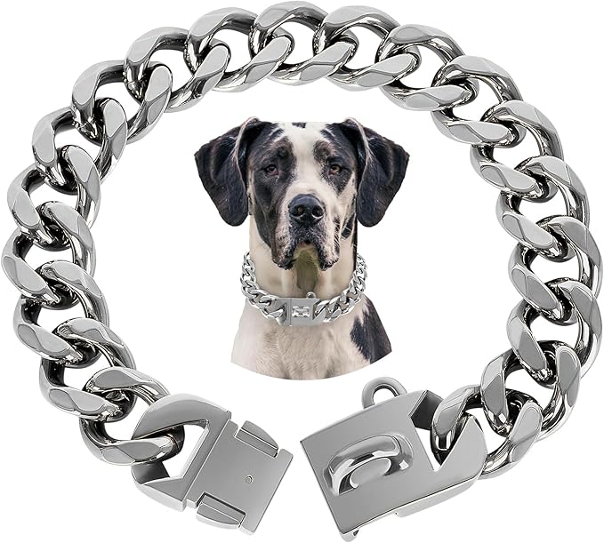 BAOBOTE 23MM Silver Dog Collar,Dog Chain Collars with Cuban Link Dog Collar,Heavy Duty Training Collar Chew Proof for Medium Dogs(16" Silver)