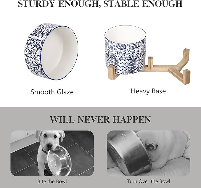 Selamica Ceramic 30 OZ Dog Bowls, Dog Food and Water Bowls with Wooden Stand, Anti-Slip Dogs Dishes Set for Cats Small & Medium Sized Dogs, Weighted Pet Bowls Set of 2, Vintage Blue A