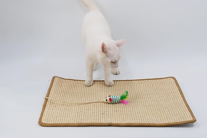 Cat Scratcher mat- Natural Sisal Cat Mat with Anti-Slip Back & Attached Sisal Mouse Toy (Natural)