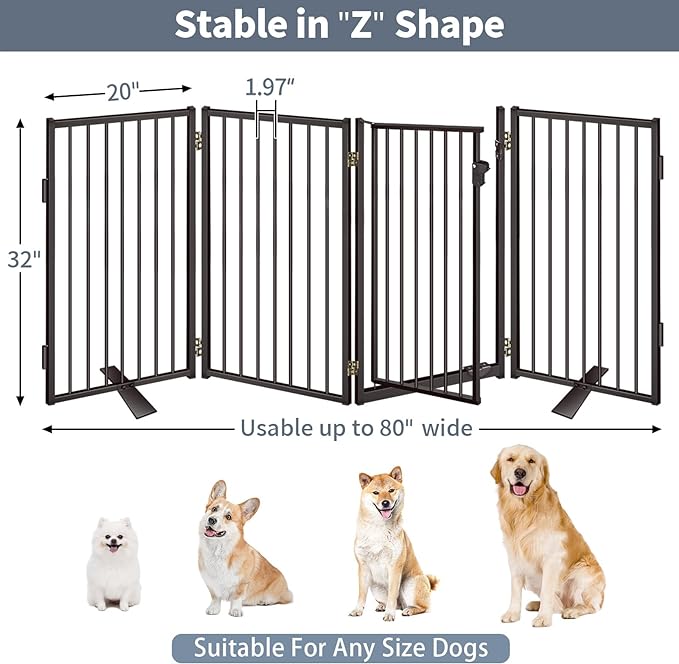 Metal Freestanding Dog Gates with Door for Outdoor Indoor,80'' Extra Wide 32'' Tall Free Standing Dog Gate for Doorways,Large Openings,Deck,Yard,Foldable Safety Pet Fence(Black,4 Panels)