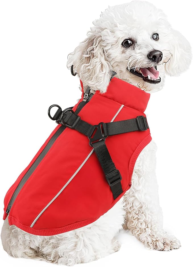 Dog Winter Coat Reflective Water-Resistant Jacket, Fleece Lined Windproof Puppy Coat with Back Zipper & D-Ring, Cold Weather Dog Coats for Small Medium Dogs (L, Red)