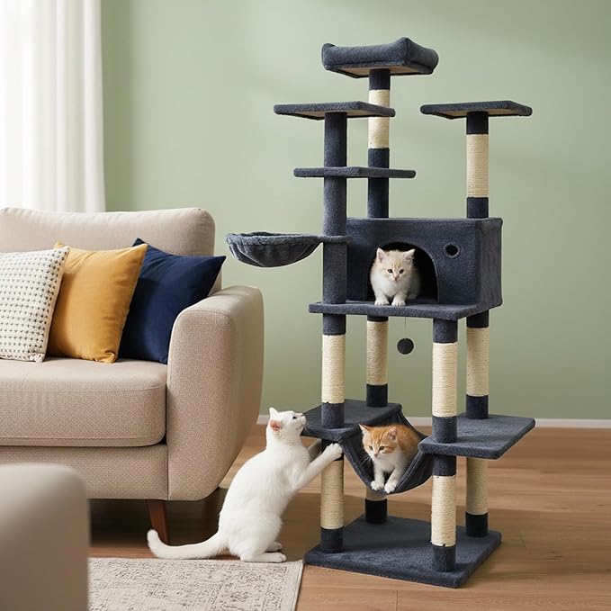 Tangkula Tall Cat Tree, 63 Inch Large Cat Tower with Sisal Scratching Posts, Plush Top Perch, Condo, Hammock, Basket Bed, Dangling Balls & Jumping Platforms for Indoor Cats Large Adult (Dark Grey)