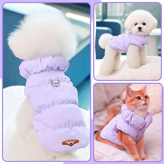 Winter Warm Dog Jacket for Small Medium Dogs Cat Cold Weather Coats with Harness Paded Dogs Fleece Vest Waterproof Windproof Dog Snow Jacket Pet Puppy Clothes (Purple,M)