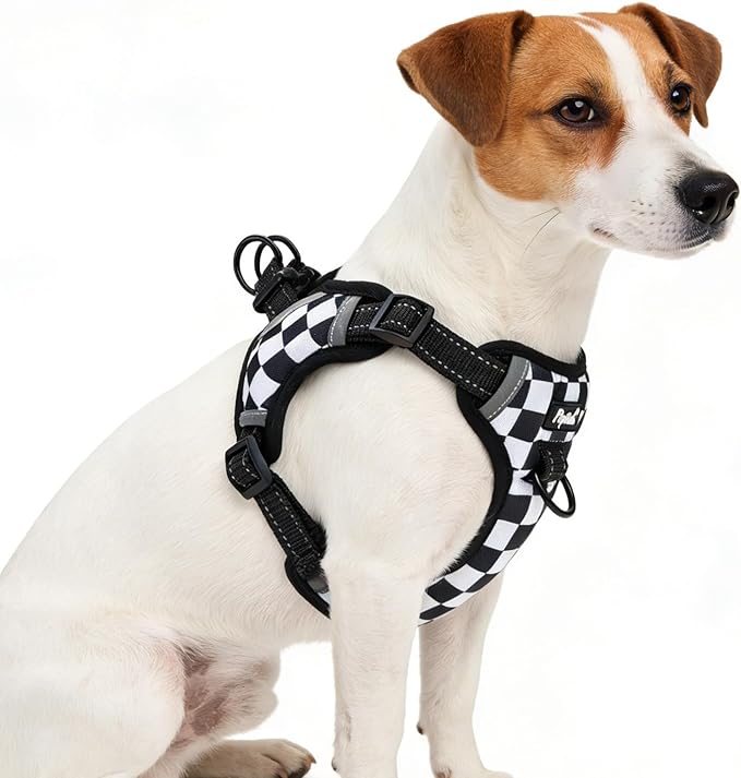 PUPTECK No Pull Dog Harness Small Sized Dog, Adjustable Reflective Escape Proof Easy Control, Comfortable Soft Padded Step in Pet Vest Harness, Black&White Checkered, S