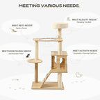 EUREKA ERGONOMIC Cat Tree Tower, 46.5 Inch Modern Cat Tower with Scratching Post, Multi-Level Large Cat Condo Wooden Cat Stand with House, Pompoms, Cat Tree with Scratch Pad (Yellow)