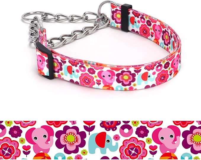 Martingale Dog Collar - Stainless Steel Chain, No Pull Training Collar with Flower Design for Large Medium Small Dogs (16, S)