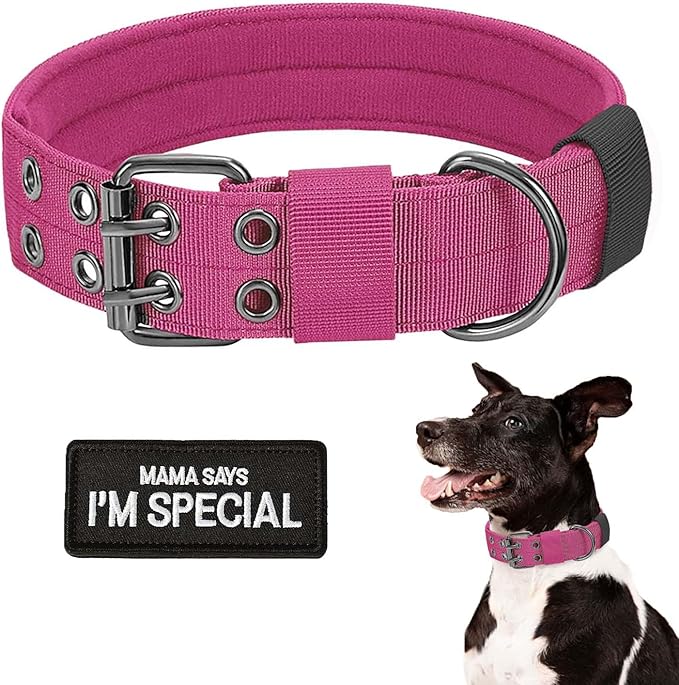 Tactical Dog Collar Military Dog Collar Adjustable Training Nylon Collar Heavy Duty Metal Buckle with Black Patch,Tactical Collars for Medium Large Dogs (Pink, Large)