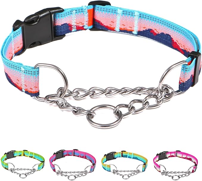 Martingale Dog Collars with Stainless Steel Chain, Reflective No Pull Walking Training Collar with Quick Release Buckle, Adjustable Slip Chain Nylon Dog Collars for Small Medium Large Dogs