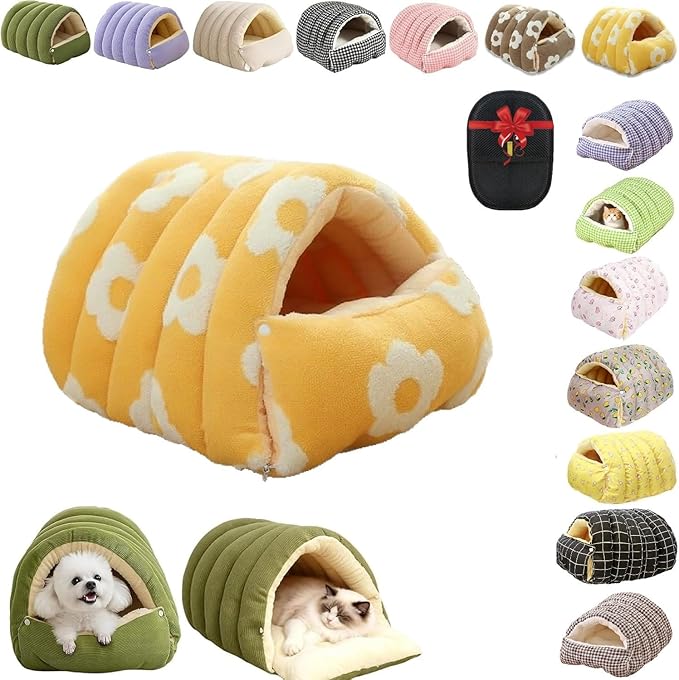 Removable and Washable Winter Closed-Off Cat Bed, Cutypet Winter Cave, Warm Foldable Secure Pet Nest for Indoor Cats & Small Dogs, Comfor Plush Snuggle Hut for Kitty, Puppy, Pets (Flannel-Yellow,M)