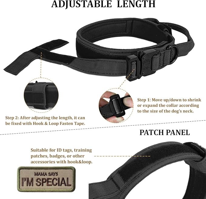 Tactical Dog Collar with Handle - Military Adjustable Dog Training Collar Soft Nylon and Heavy Duty Metal Buckle for Medium Large Dogs - with Patch (Black, X-Large)