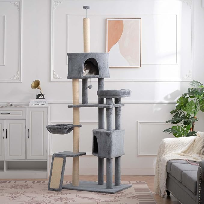 Cat Tree for Indoor Cats 105" Tall Cat Tower Multi-Level Cat Condo with 3 Perches 2 Caves Cozy Basket Scratching Board Pet Supplies Gray